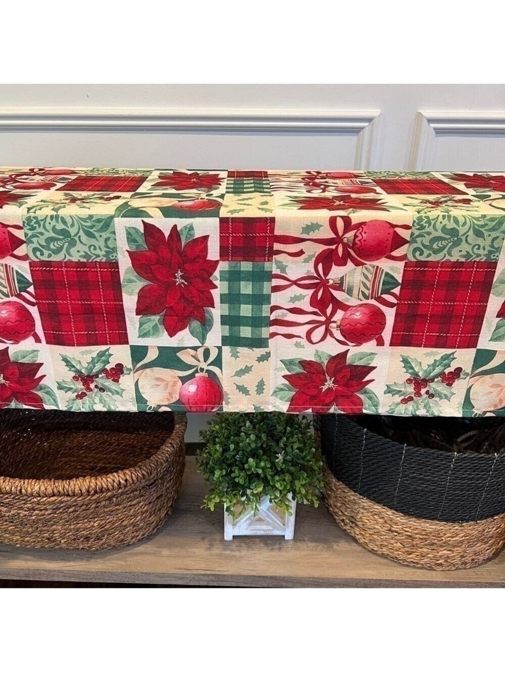 Christmas Rectangular Tablecloth Country Patchwork Holly Poinsettia Tree Holiday